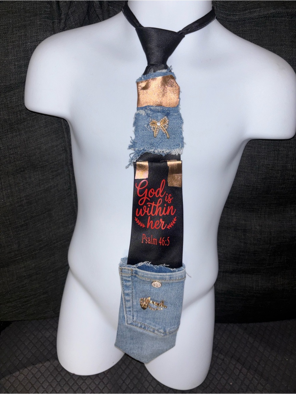 Statement Satin & Denim Religious Tie - Black, Blue, Gold